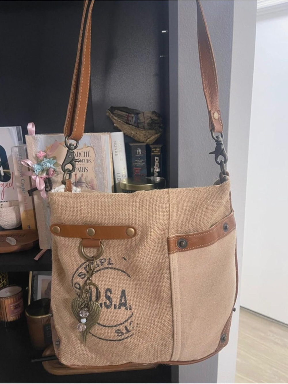 Myra bag Canvas & Leather Tan Crossbody Tote Bag with charm